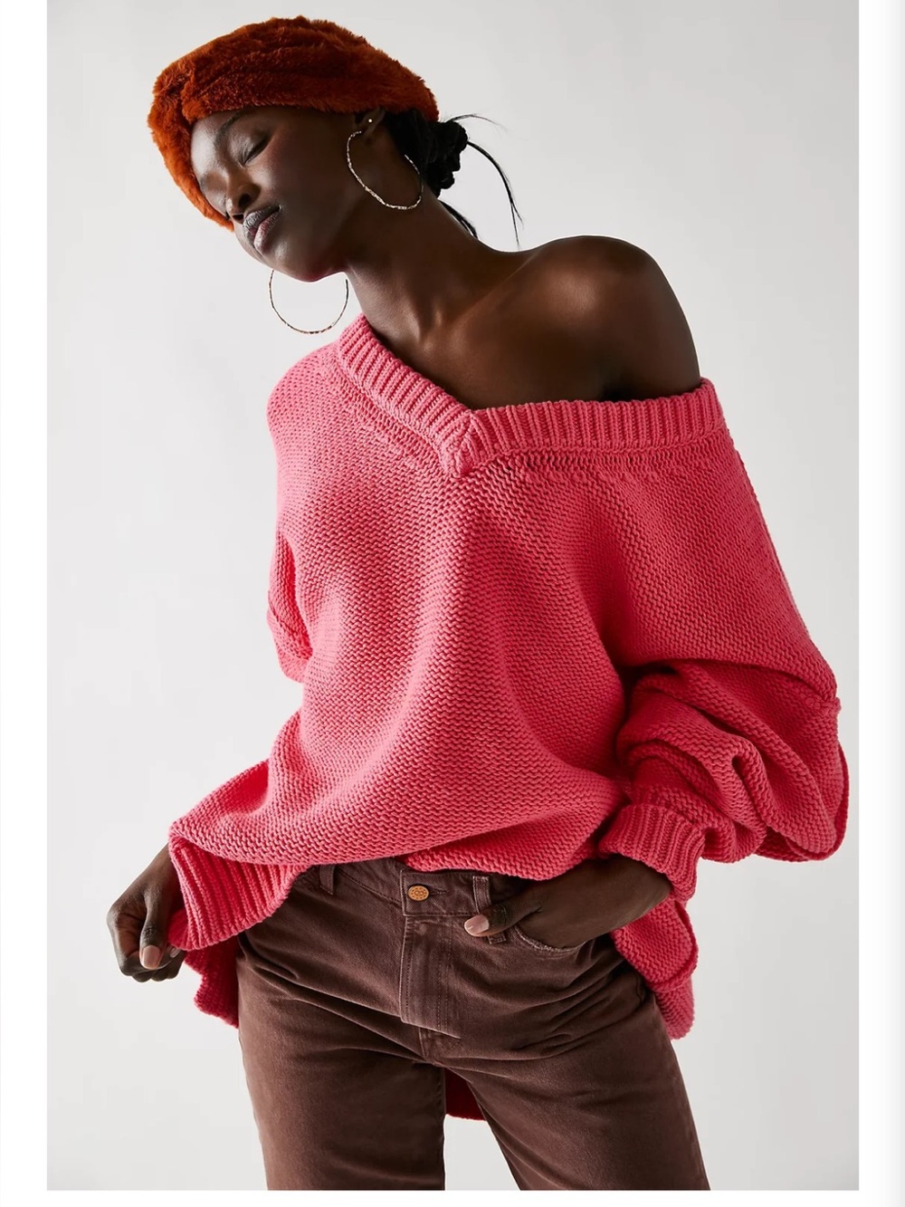 Free People Alli Oversized V-Neck Sweater Strawberry Spritz Pink Knit